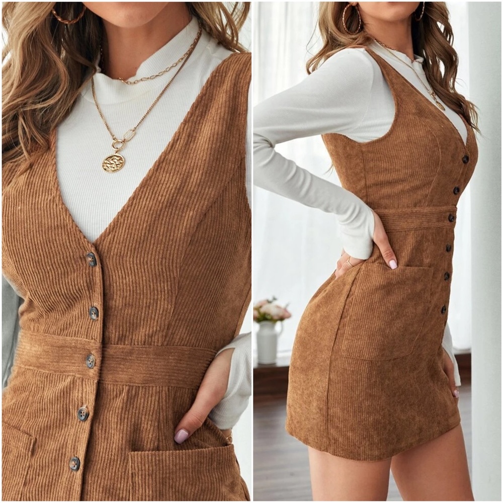 Corduroy Button up Pocket Mini Dress - Picture 4 of 7